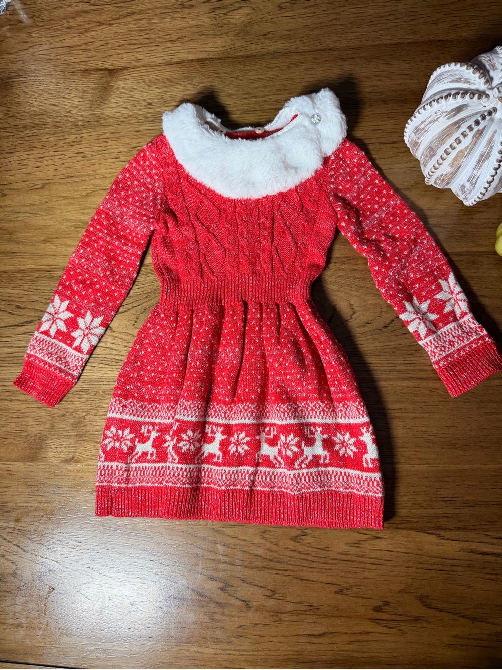 Little Lass Red and White Knit Holiday Dress with Faux Fur Collar